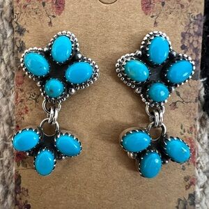 ❤️ Kingman Robins Egg Turquoise Cluster Flower 925 Navajo Dangle Earrings 1.37”L